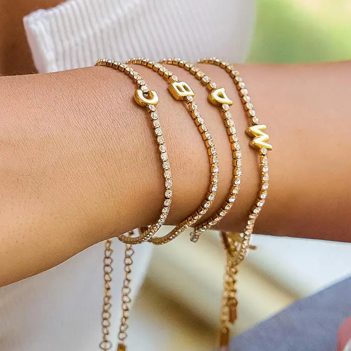 Chaplin 18K Gold Non-Tarnish Rhinestone Letter Bracelet