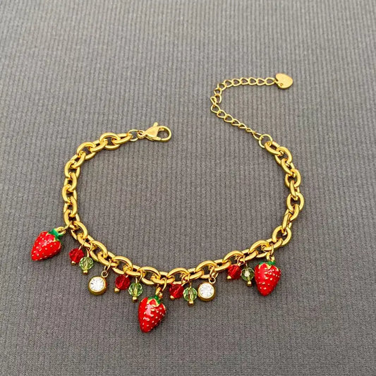 Enamel Strawberry Charm 18K Gold Plated Ss Bracelet - Fgs