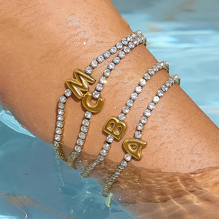 Chaplin 18K Gold Non-Tarnish Rhinestone Letter Bracelet