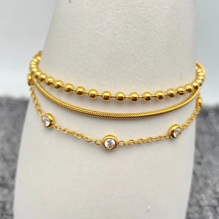 Inlaid Cz 3-layer 18K Gold-Plated Steel Chain Bracelet - Fgs